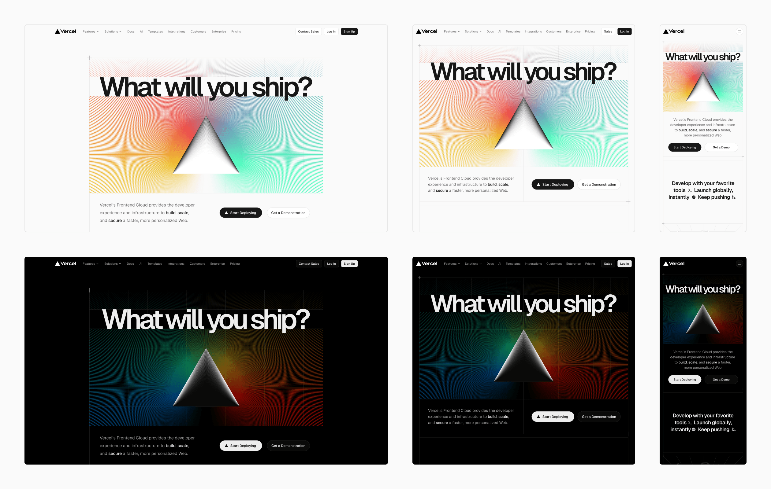 The Vercel home page in light and dark mode in 3 viewport sizes: 1440px, 1024px, and 400px.